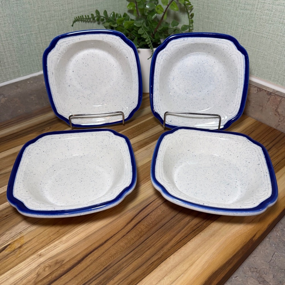 Syracuse China Blue Rim Speckled Square Scalloped Bowls Set of 4 USA 5-I